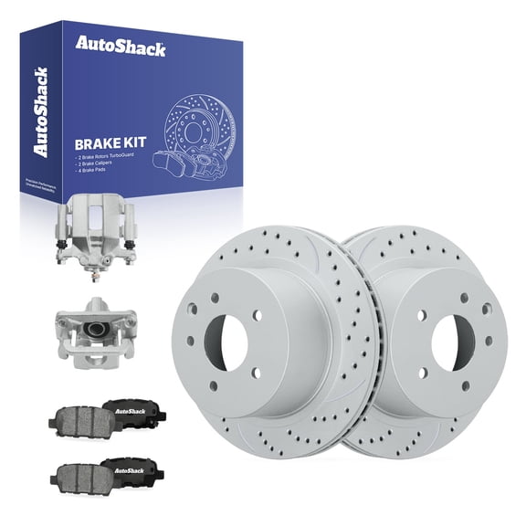 AutoShack Rear Vented Drilled & Slotted Coated Brake Rotors Silver Matte Finish   Ceramic Pads   Calipers 8-PC Brake Kit Replacement for 2014-2020 Nissan Rogue TurboGuard 11.49" (291.8 mm)
