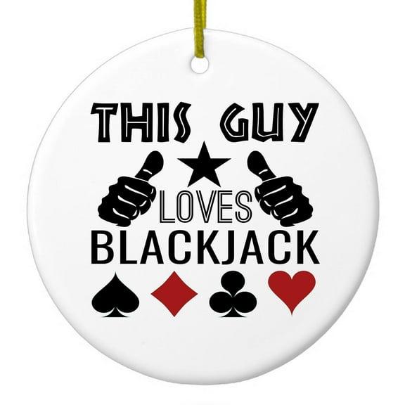 DistinctInk Hanging Ceramic Christmass Tree Ornament with Gold String - Great Gift / Present - 2 3/4 inch diameter - This Guy Loves Blackjack