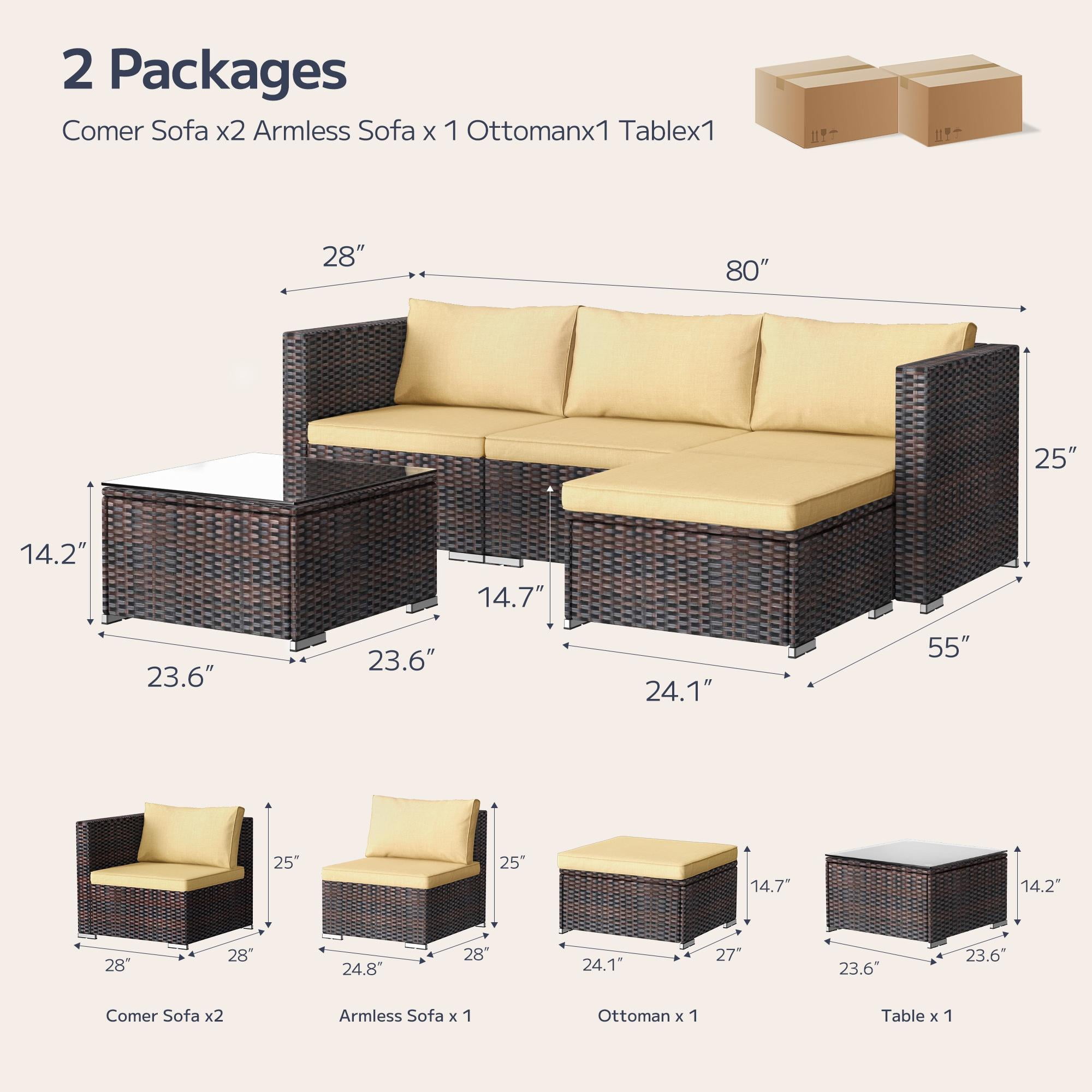 Asofer 5 Pieces Patio Furniture Set, Outdoor Conversation Sectionals, Wicker Chairs Sofa with Cushion and Glass Table,Beige