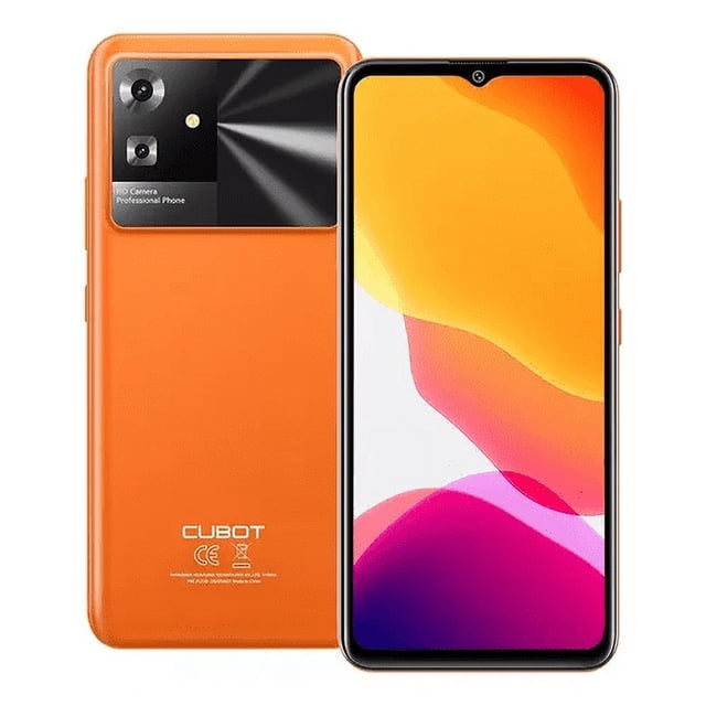 smartphone cubot note 21 6 gb de ram 128 gb de rom cámara pdaf de 50 mp 5200 mah naranja — Vista frontal y trasera centrada; pantalla de 6.56 pulgadas con muesca en forma de gota y pantalla encendida; carcasa naranja mate, módulo rectangular de cámara trasera superior izquierdo con lente PDAF 50 MP, lente macro de 2 MP y flash LED; logotipo Cubot en la parte inferior trasera. También suele usarse como opción económica para usuarios que requieren batería de larga duración.