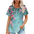 thumbnail image 2 of PXLKNZH Tunique à Manches Courtes pour Femmes Chemises Imprimées Florales Col Rond Blouse Habillée Décontractée Plissée Basique Pull Multicolore,L, 2 of 6