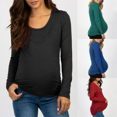 

Tejiojio Maternity/Labor/Nursing Clothing Clearance Maternity O-Neck Solid Long Sleeve Breast-Feeding Pregnant Woman Nursing Blouse