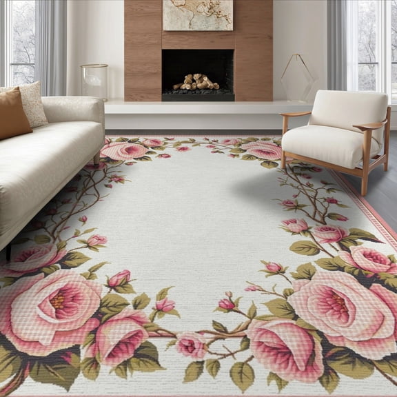 ODIKA 8'x10' Washable Area Rug Durable, Non-Slip Pink Bedside Vintage Gingham Border Tug Throw Dorm Rig Shack for Living Room, Under Sectional, Family