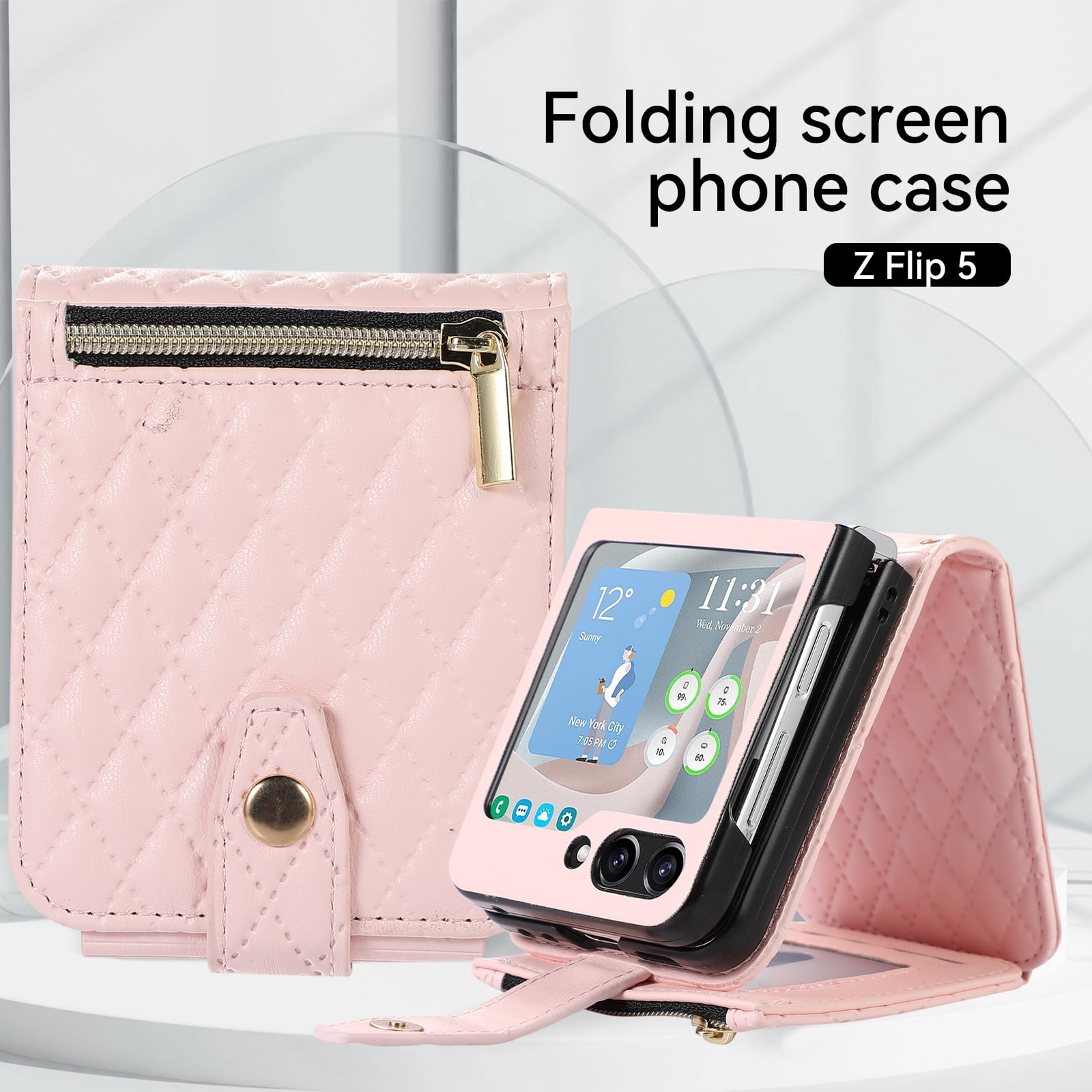 TECH CIRCLE Cover for Samsung Galaxy Z Flip3 Case with Shoulder Strap+Wristlet, Elegant Phone Handbag Design Multiple Card Slots Pocket Wallet Case for Galaxy Z Flip 3 Full Protective Shell-Pink