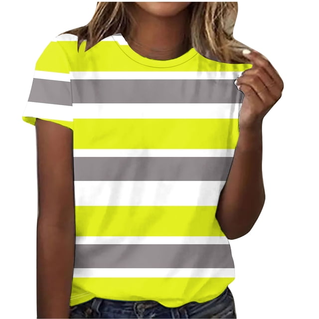 UPPADA T-Shirts d'Été Mignons pour Femmes Tendance à Imprimé Dégradé T-Shirts Chemises Décontractées à Col Rond Blouses Coupe Ample Chemises Basiques Blouses Jaune,m