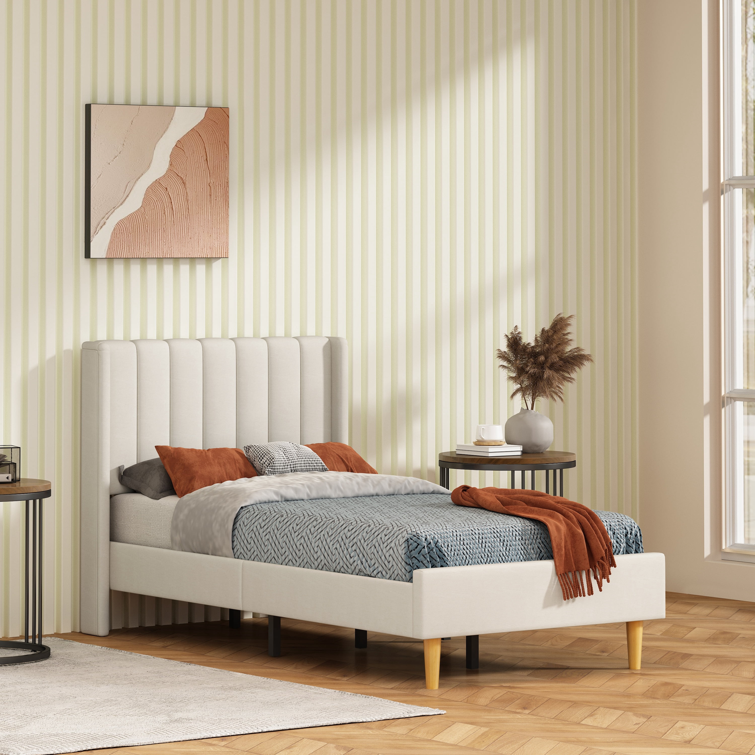 Twin Size Upholstered Bed Frame,40.9" High Headboard,Strong Metal Frame,Wooden Slats Support,No Box Spring Needed,Easy Assembly,Linen Fabric,Beige