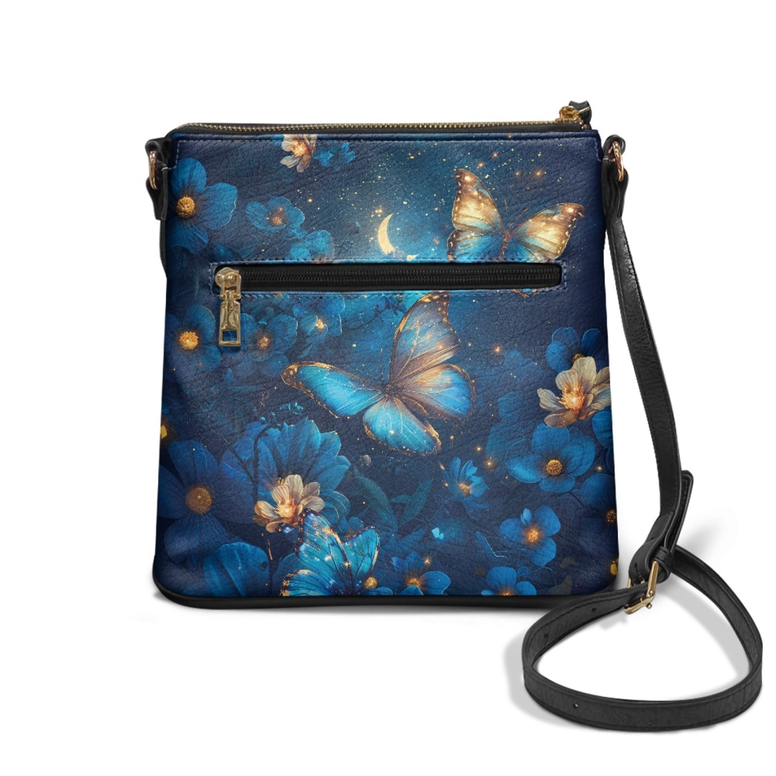 LedBack Butterfly Flower Leather Hobo Bag for Women Crossbody Satchel Bag Shoulder Handbag Purse with Zipper Pocket, Lightweight Messenger Bag for Woman Lady, Blue