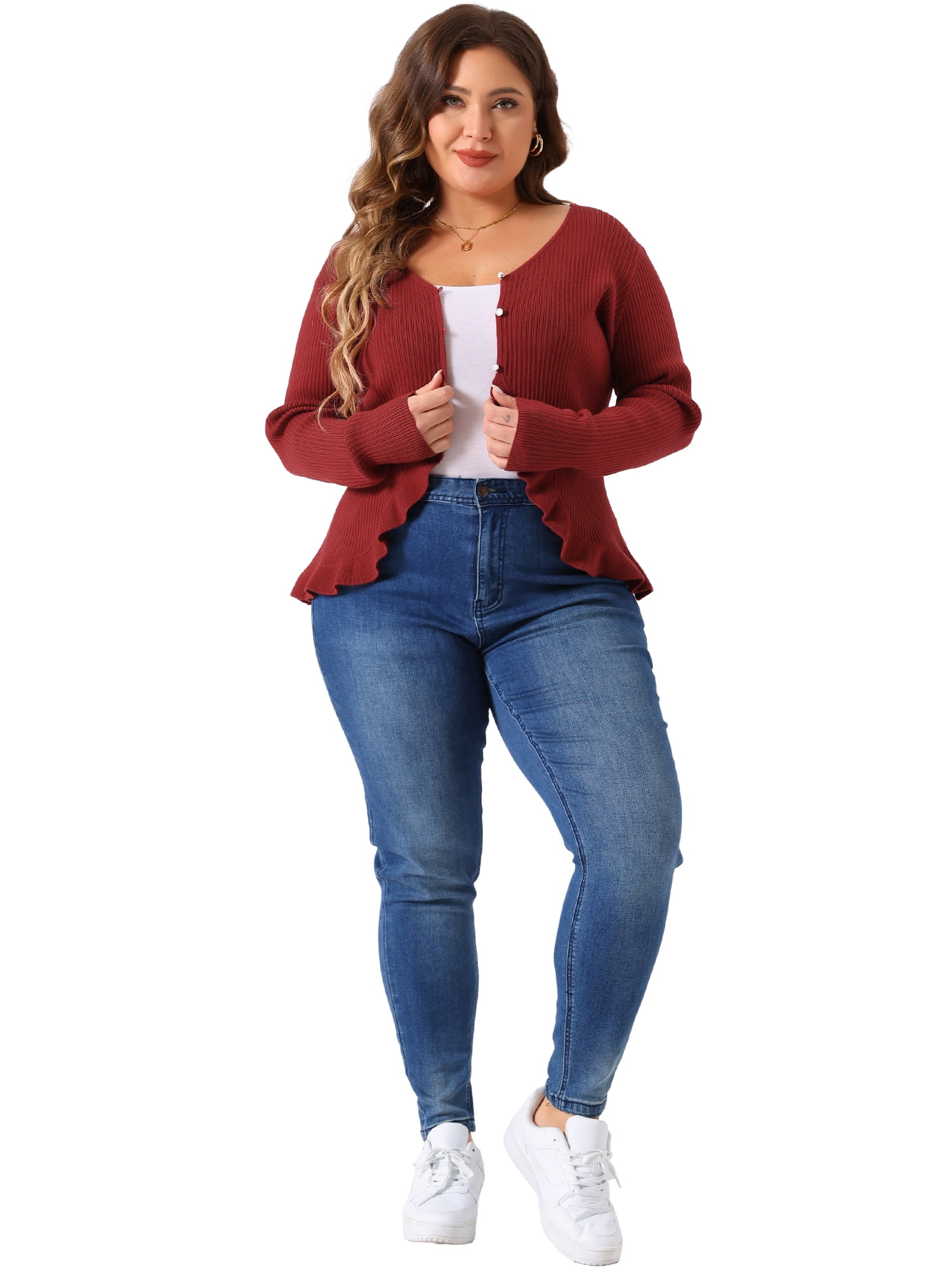 DARING DIVA Plus Size Knit Open Front Ruffled Button Cardigan 3X Burgundy