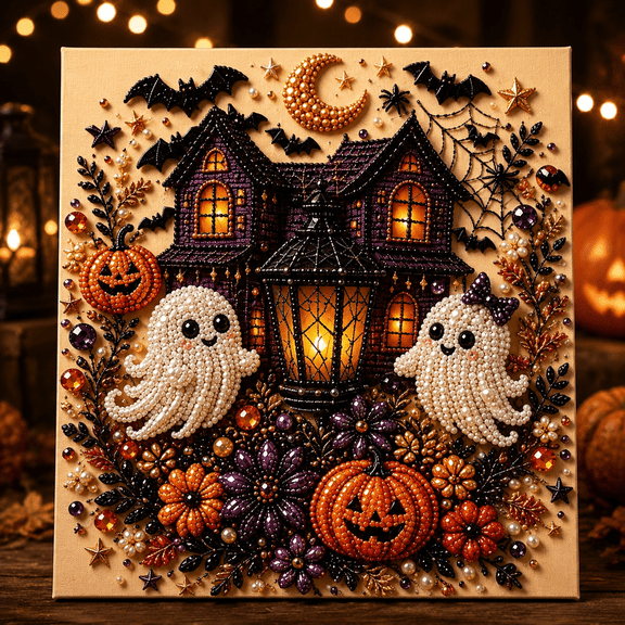 Halloween Pearl Art DIY Kit, 3D Diamond-Painting Craft for Adults and Beginners, 7.87 x 7.87 in Fall Home Wall Decor, Family Activity and Party Gift
