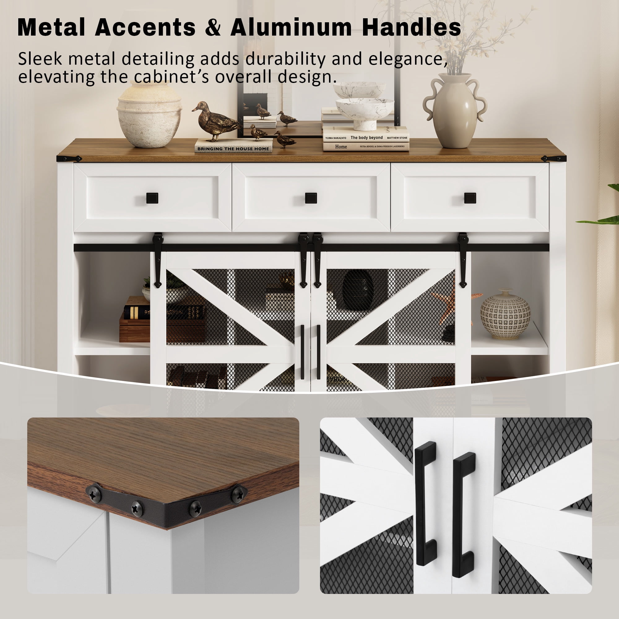 Leumius 55In Sliding Barn Door Sideboard Buffet Cabinet with 3 Drawers, Adjustable Shelves, Metal Mesh & Particleboard Doors, Aluminum Handles, Industrial Storage for Living or Dining Room White
