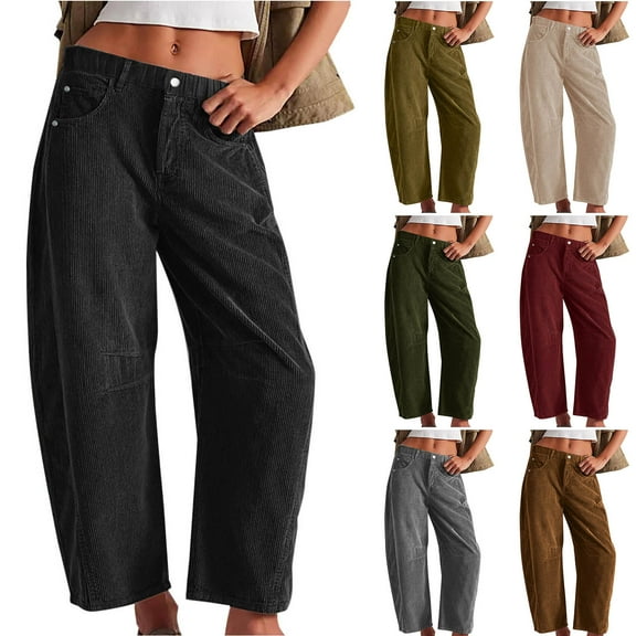 QATAINLAV Women's Mid Rise Corduroy Pants Casual Baggy Wide Leg Cropped Trousers with Pockets Army Green M Gifts for Girls