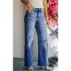 thumbnail image 4 of Pantalones anchos de pierna recta para mujer Bolsillos laterales elásticos de tiro medio Cremallera abotonada Pantalones cómodos Azul oscuro XL, 4 of 8