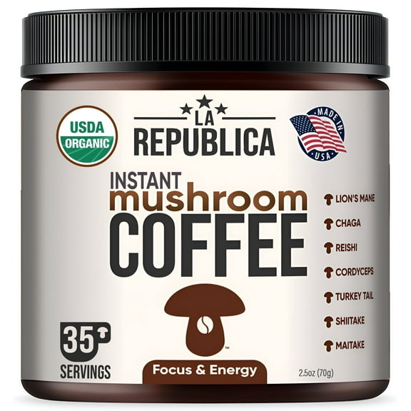 La Republica Organic Mushroom Coffee, 2.5 oz, 35 Servings, with 7 Superfood Mushrooms.