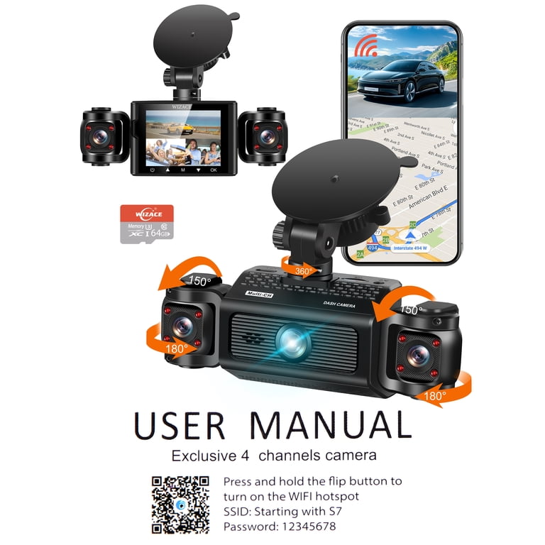 WIZACE 4 Channel 360° Dash Cam - 1080P Front/Rear/Left/Right, 8 IR Lights, Night Vision, 64GB Card, Parking Mode