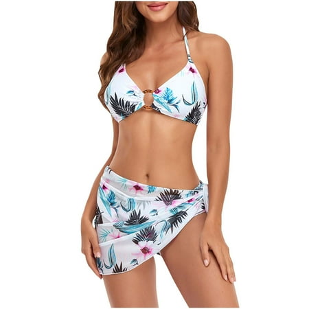 Taqqpue 3 Piece Bikini Set for Women Sexy O Ring Triangle Halter Swimsuits Top with Bottom and Short Mesh Sarong Wrap Skirt Bathing Suits on Clearance