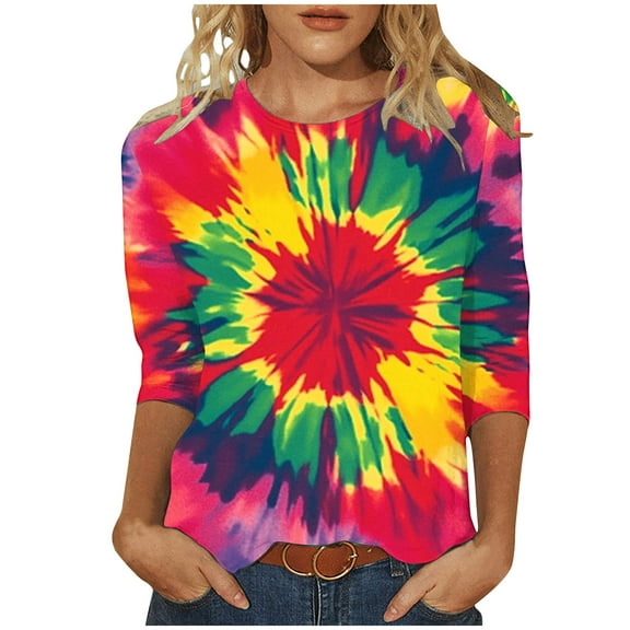 CYMMPU Tie Dye 3/4 Sleeve Tunic Tops Round Neck Fall Trendy Shirts Blouses for Women Dressy Casual Spring Tops Loose Fit Ombre T-Shirts Multicolor XXL