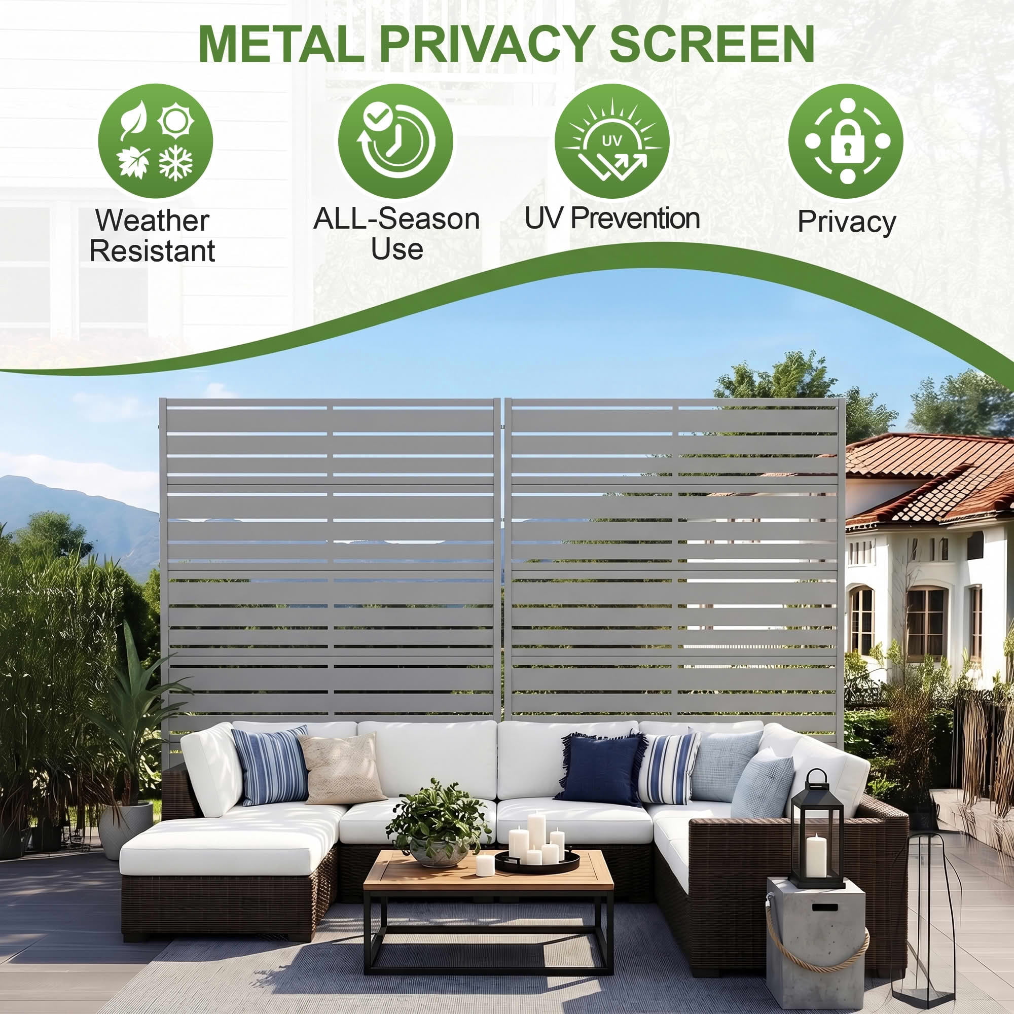 MAYEERTY 2-Piece 72"x47" Privacy Screen, Gray 6-Panel Galvanized Steel Louvered Fence, Wide-1 Narrow-2, Freestanding for Patio Backyard