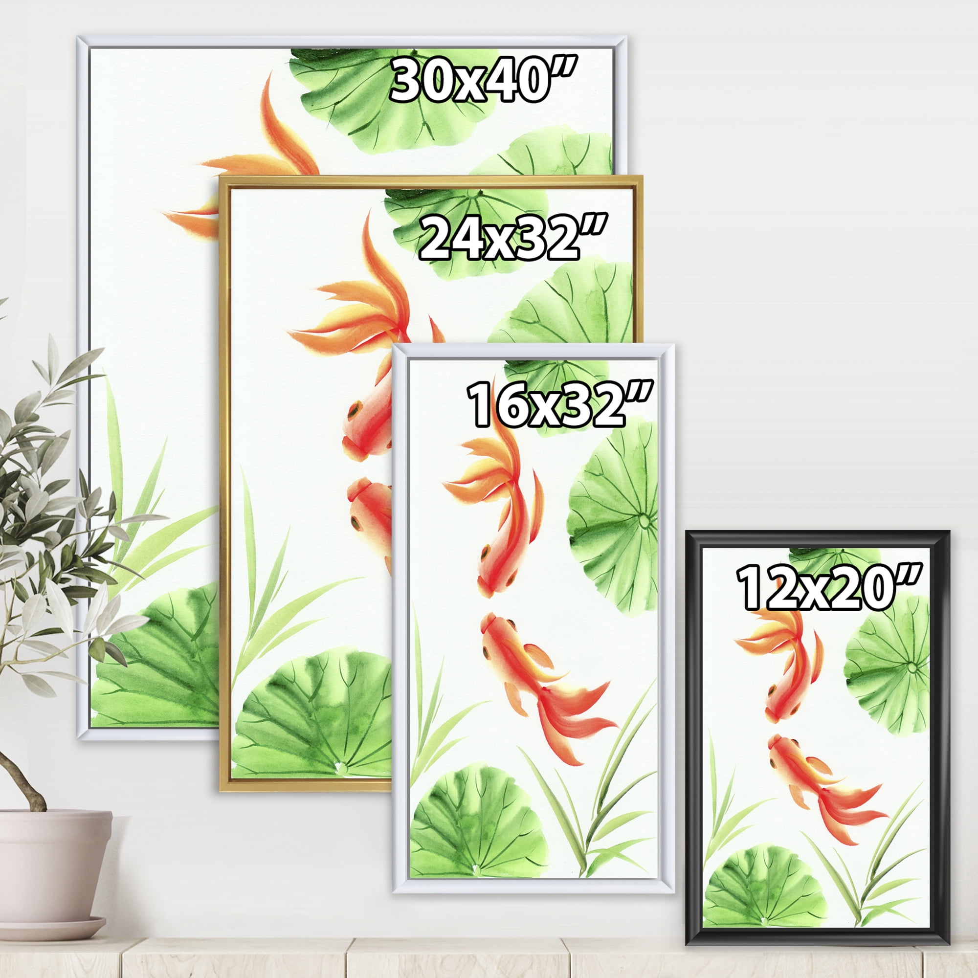 Designart 'The Lotus Leaves With Goldfishes' Nautical & Coastal Framed Canvas Wall Art Print