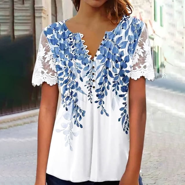 ICHUANYI Clearance Women V-neck Floral Print T- Fashion Lace Comfortable Female Blouses Tops(Light Blue, M) ICHUANYI WER2023081013486