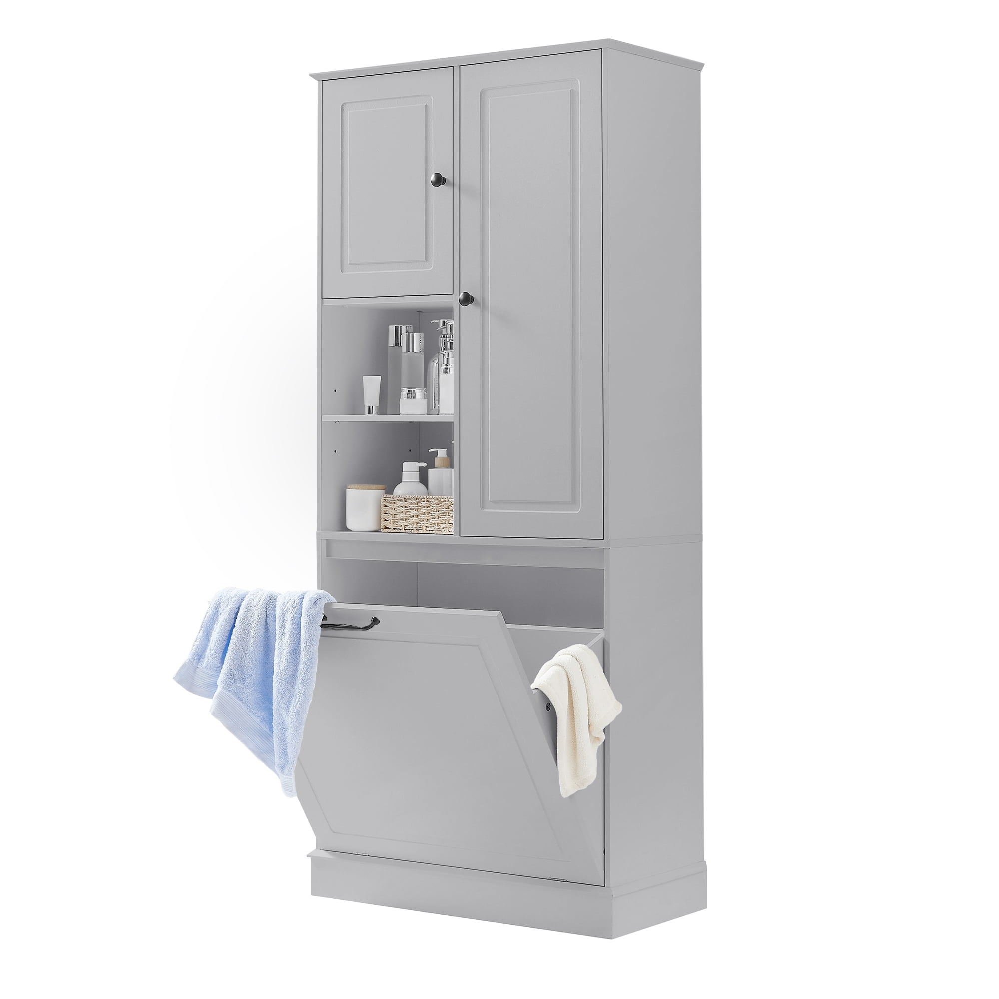 Tall Storage Cabinet with Adjustable Shelves, Large Flip-Out Basket & Enclosed Cabinets – Perfect for Bathroom, Living Room, or Office, MDF Material with Aluminum Alloy Handles