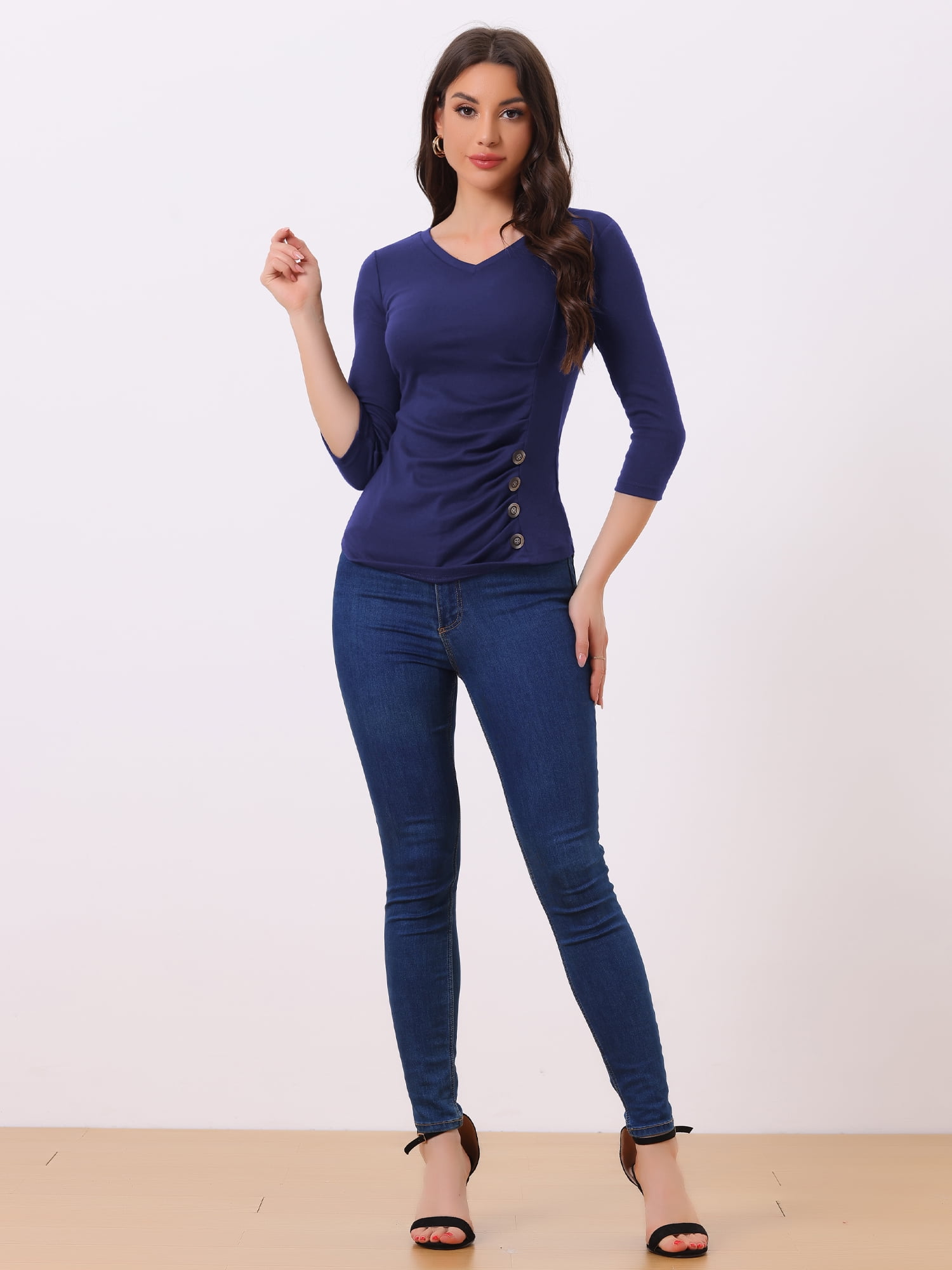 DARING DIVA V Neck Knitted Buttons Decor Ruched Blouse Top XL Navy Blue