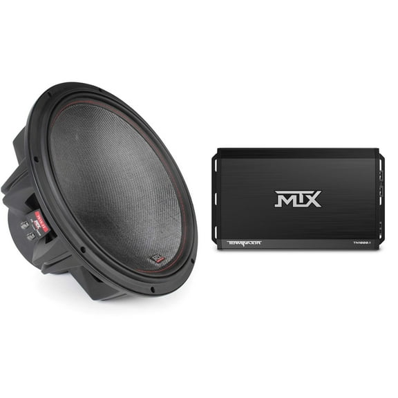 MTX TERMINATOR 1000-Watt RMS 1Ω Mono Block Class D Amplifier and MTX Audio 7515-22 75-Series 15" 750W RMS Dual 2-Ohm Subwoofer