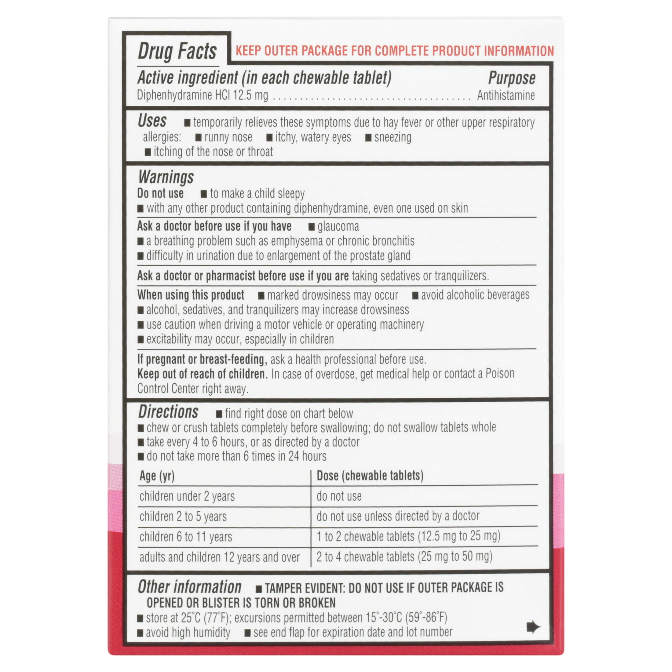Equate Children's Allergy Relief Diphenhydramine Chewable Tablets, Cherry Flavor, 12.5 mg, 20 Count