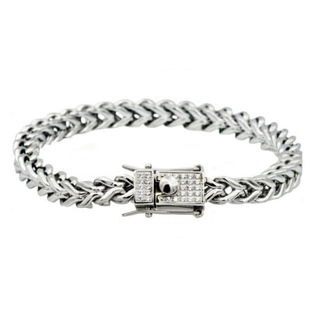 Mens Stainless Steel Franco Link Chain Bracelet With Cubic Zirconia