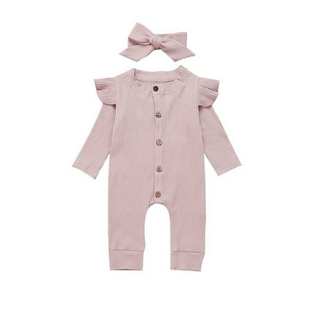 

PBaeM Baby Girls Long Sleeve Romper Bow Headband 2Pcs Sets Outfits Sizes 3-24M