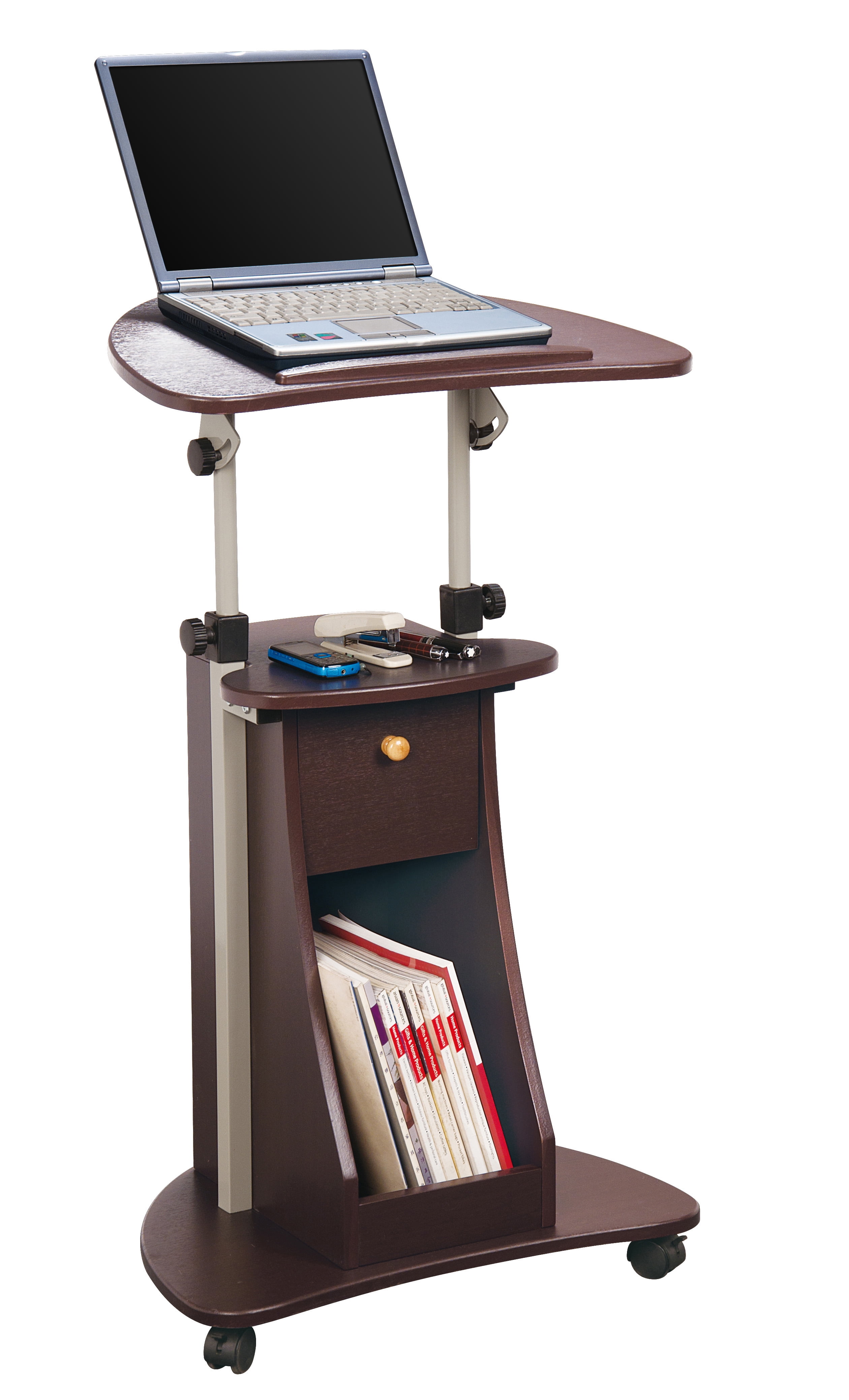 Techni Mobili Sit to Stand Rolling Adjustable Height Laptop Cart With Tilting Tabletop and Drawer Chocolate Walmart Business Supplies