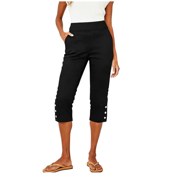 Dvprdro Capri Pants for Women Elastic Waist Solid Color Loose Fit Side Pockets Button Hem Casual Sports