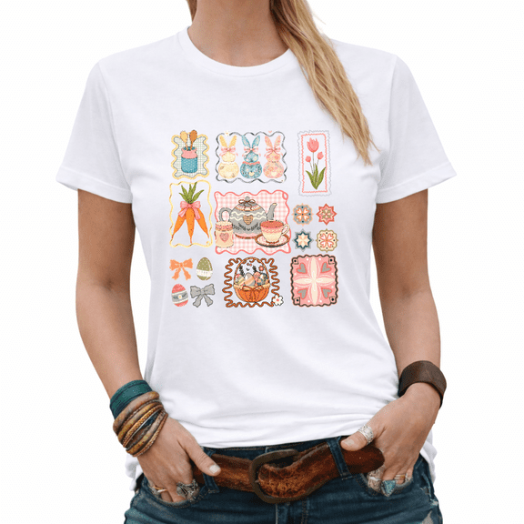 Easter Bunny Tea Time Cottagecore Patchwork Graphic Tees Women's Spring Coquette Tshirt Tops S-5XL