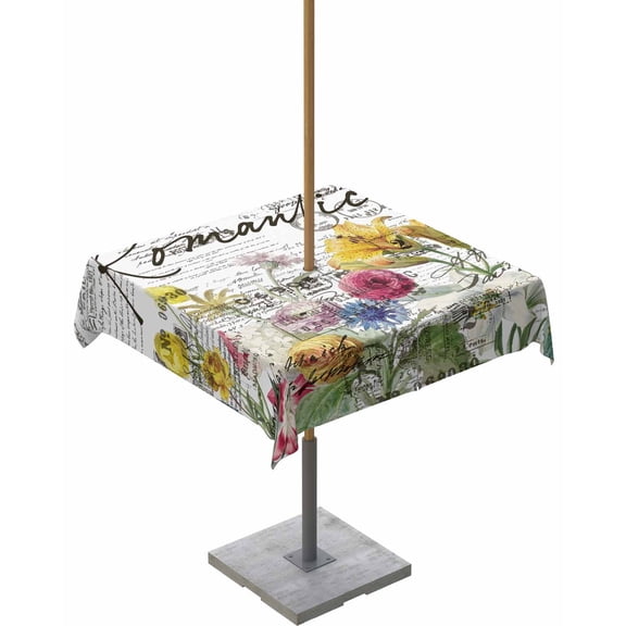 Fsddascl Colorful Spring Floral Outdoor Tablecloth - 60x60 Inch Square Dining Table Cover, Summer Flowers Botanical Postmark Waterproof Outdoor Table Cloth with Umbrella Hole & Zipper for Patio