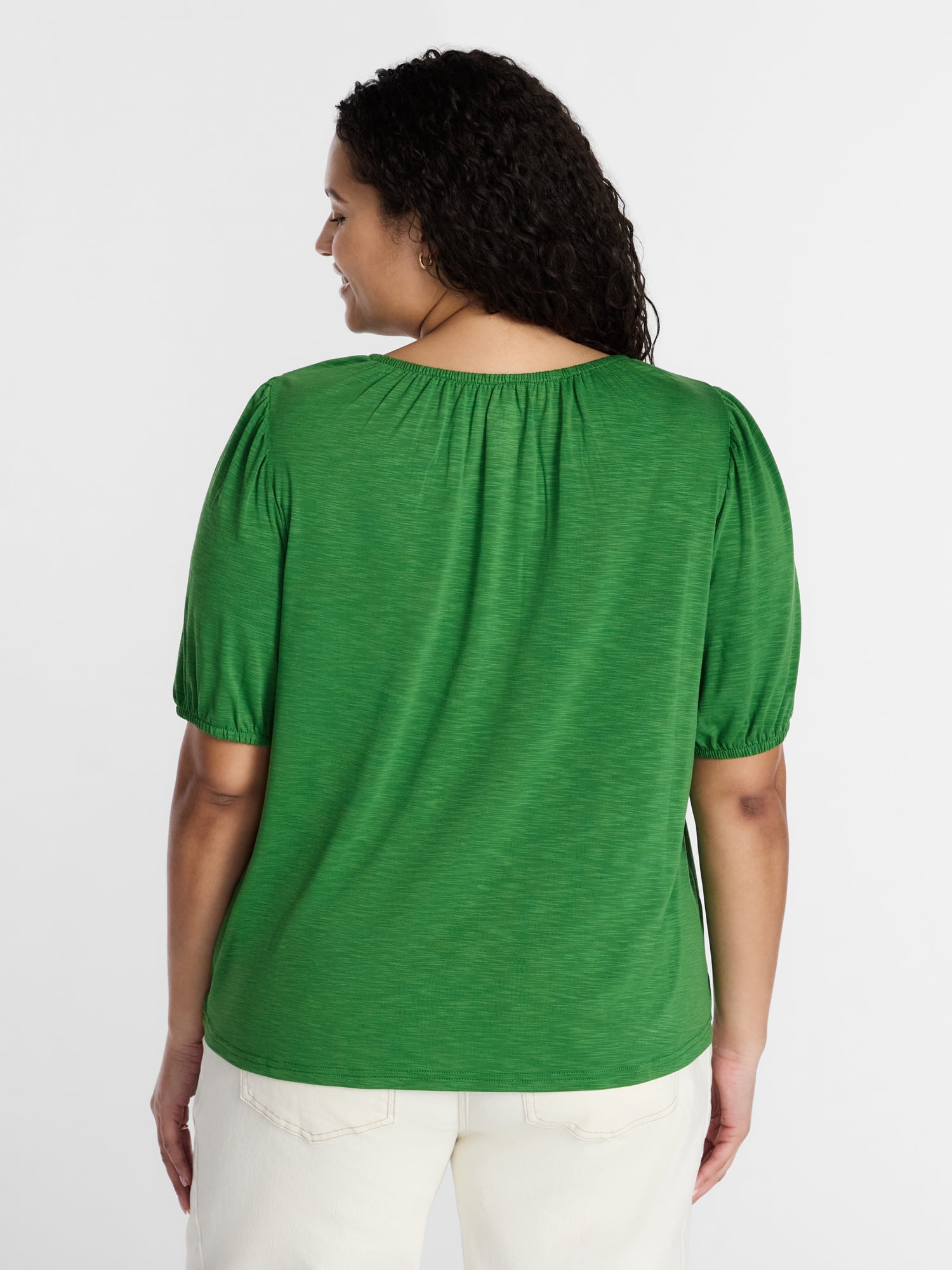 Terra & Sky Women's Plus Notch Neck Femme Puff Sleeve Top, Sizes 0X-5X