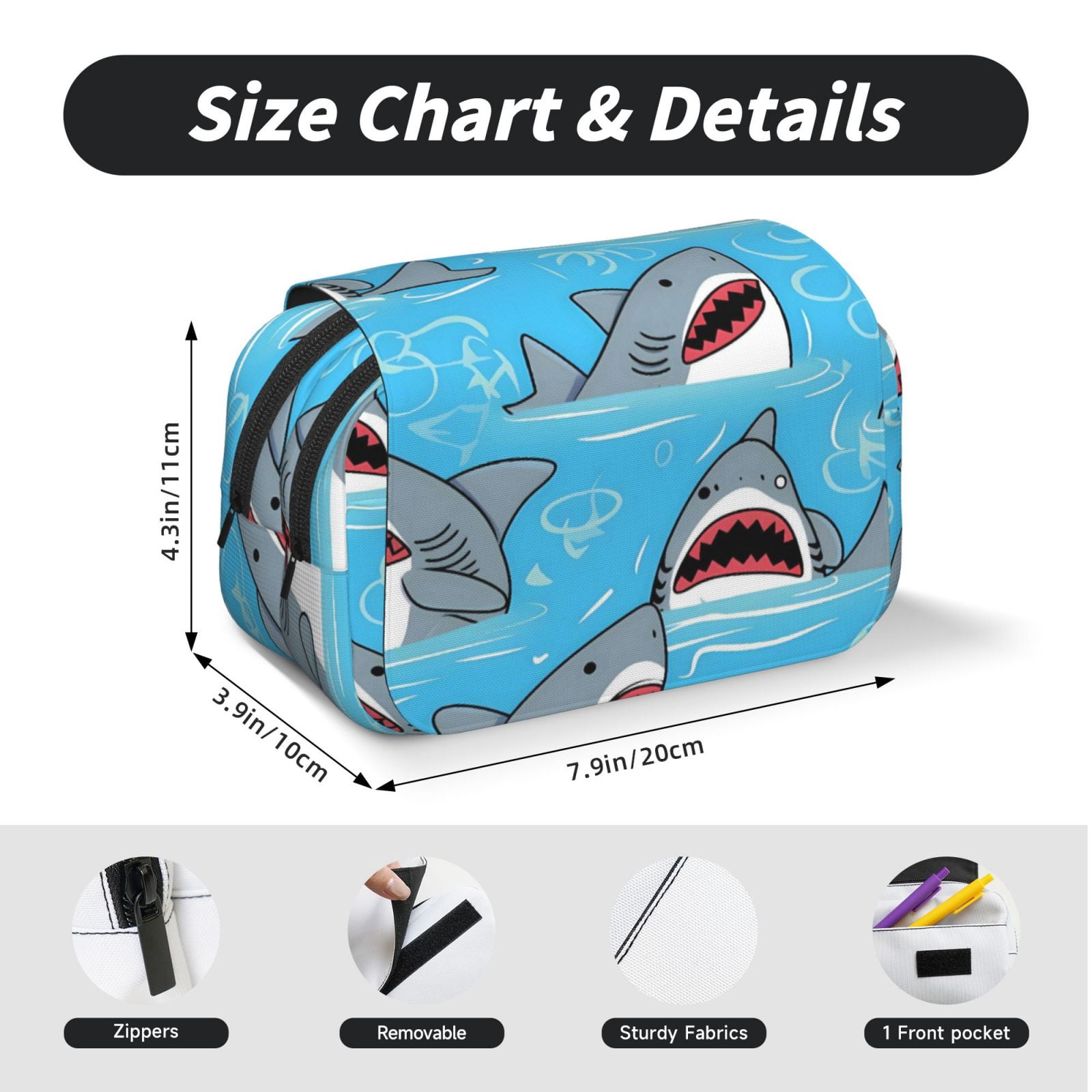 Large-Capacity Flip-Top Double-Layer Pencil Case, Multi-Functional Pocket Pen Case, Durable Stationery Organizer Shark (13)