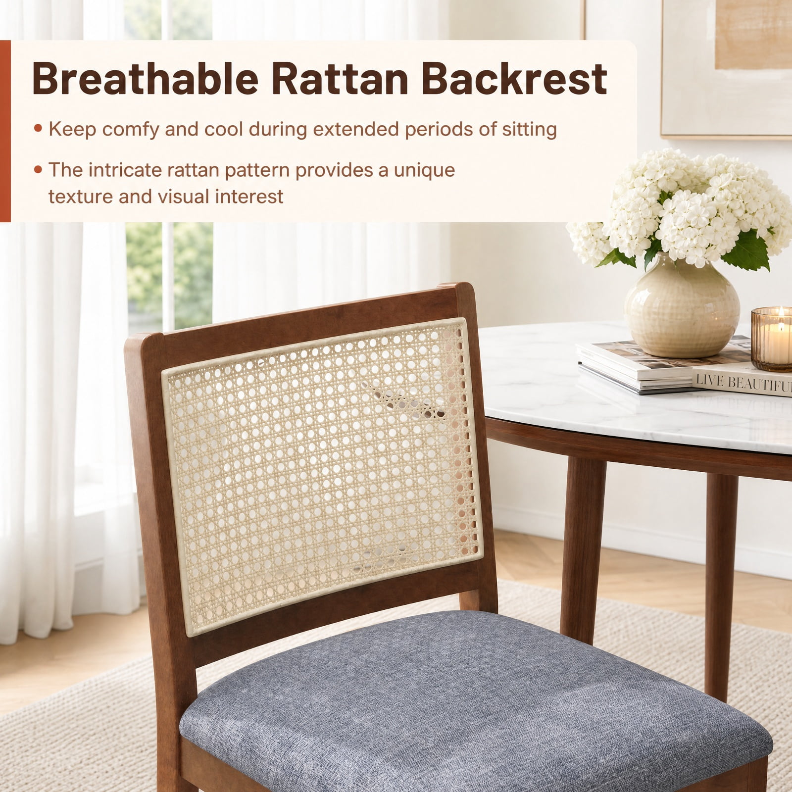 Furnibear Rattan Dining Chairs Set of 2 with Rubber Wood Frame and Linen Fabric Padded Seat for Kitchen and Dining Room, Walnut