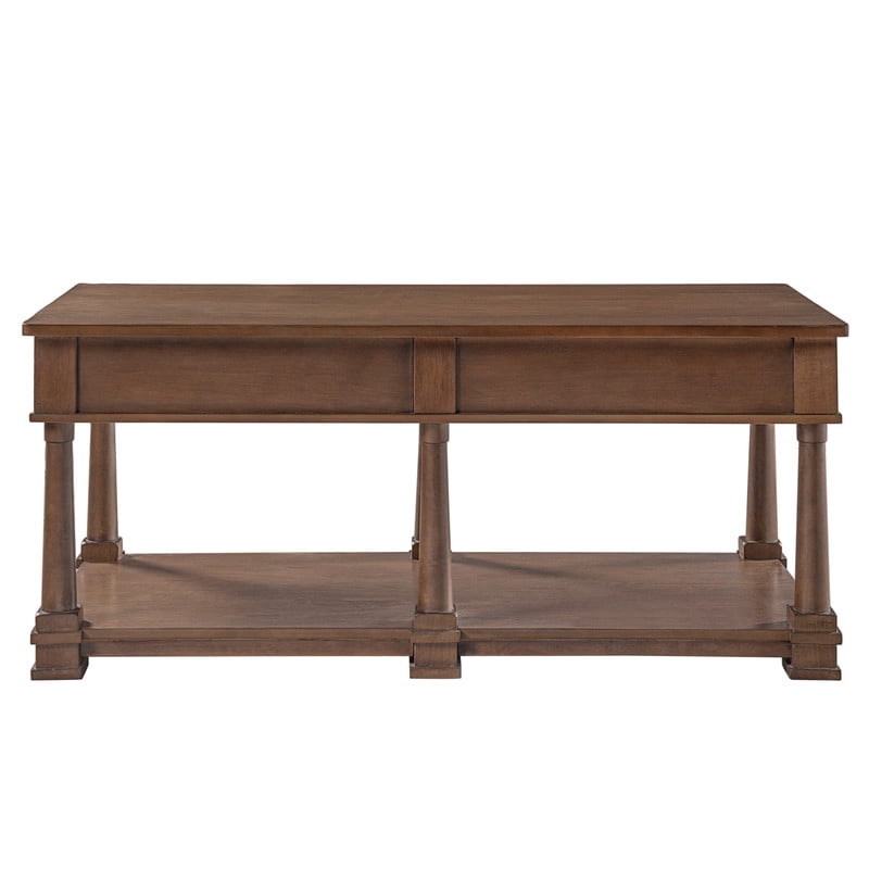 Mid-Century Modern Wood Coffee Table with 2 Storage Drawers & Open Shelf, Rectangular Cocktail End Table with Solid Wood Legs