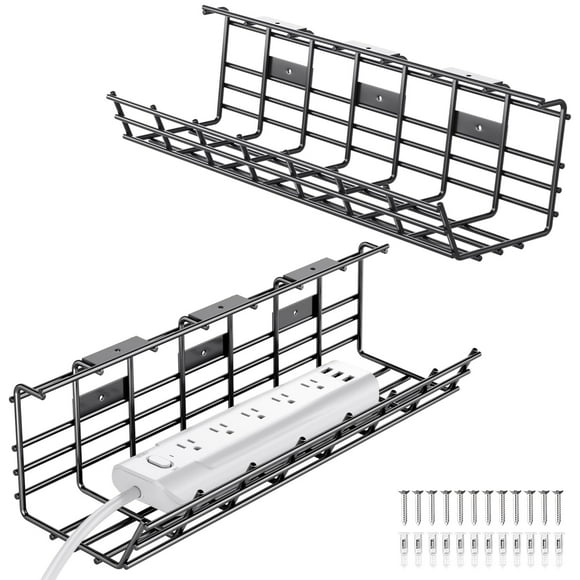 2 Pack Under Desk Cable Management Tray, 16.5'' Desk Cable Organizer Metal Wire Cord Management Under Desk Organizer for Office, Home, Black