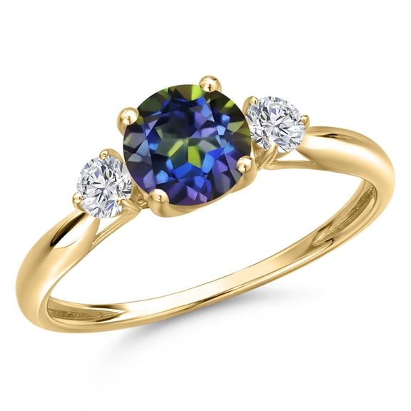 Gem Stone King 10K Yellow Gold Blue Mystic Topaz and Lab Grown Diamond 3-Stone Ring for Women | 1.22 Cttw | Round 6MM | Gemstone November Birthstone | Size 7