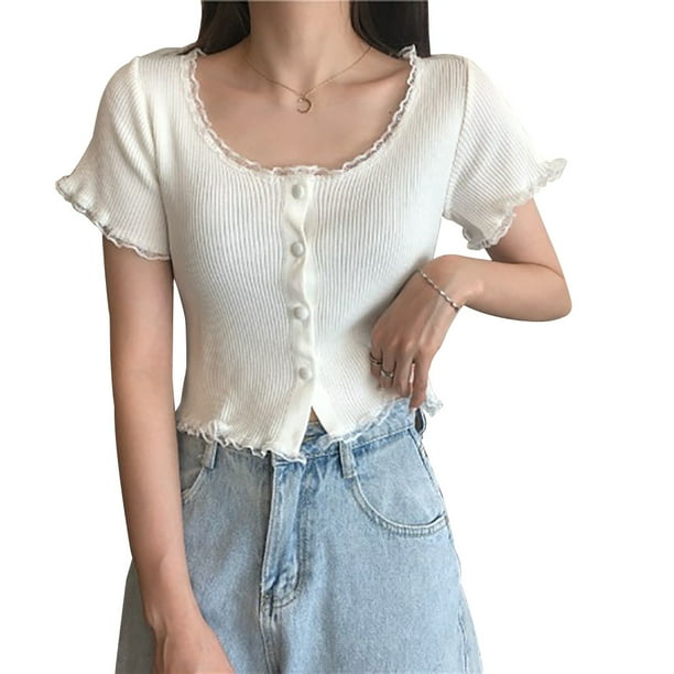 Chaqueta Mujer Encaje Cuello En U Abrigo Delgado Botón De Punto Camisa De Manga Corta, Blanco Scienceny AP001095-01