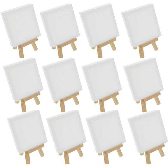 12 Pack U.S. Art Supply 5" x 5" Stretched Canvas with 8" Mini Natural Wood Display Easel Kit, Artist Tripod Table Stand