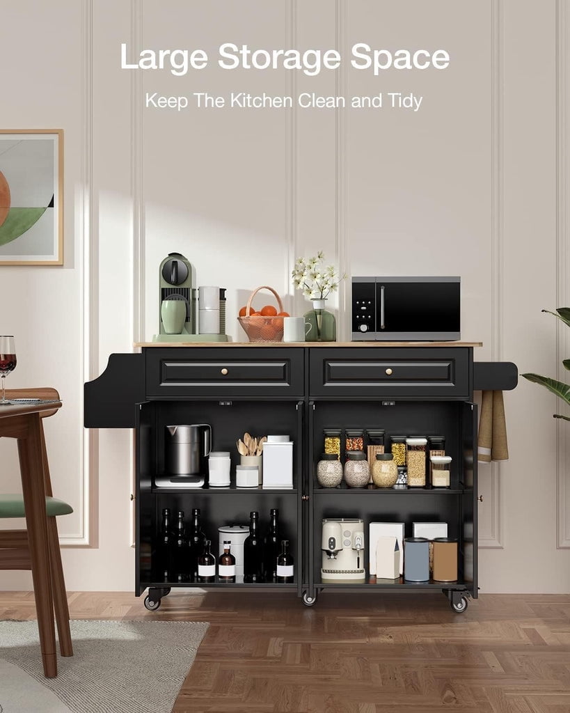 Aiho Kitchen Island with Storage, Mobile Kitchen Island Side Table on Wheels with Rubber Wood Drop-leaf Countertop , Side Rack and Drawer and for Kitchen,Dining Room - Black