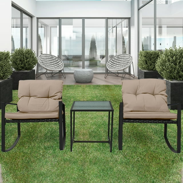 Patio 3-Piece Rocking&nbsp;Rocking Chair Set: Black Wicker Furniture-Two Chairs with Glass&nbsp;occasional&nbsp;Table