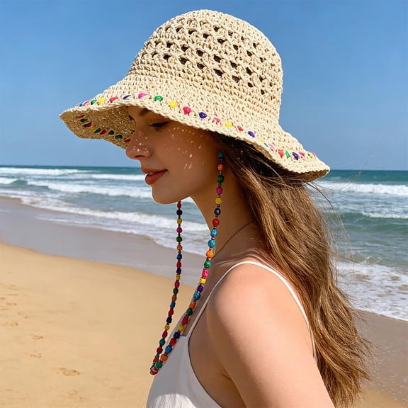 Colorful Beaded Straw Sun Hat for Women – Foldable Wide Brim Beach Hat with Adjustable Chin Strap, Summer Vacation UV Protection Bucket Cap
