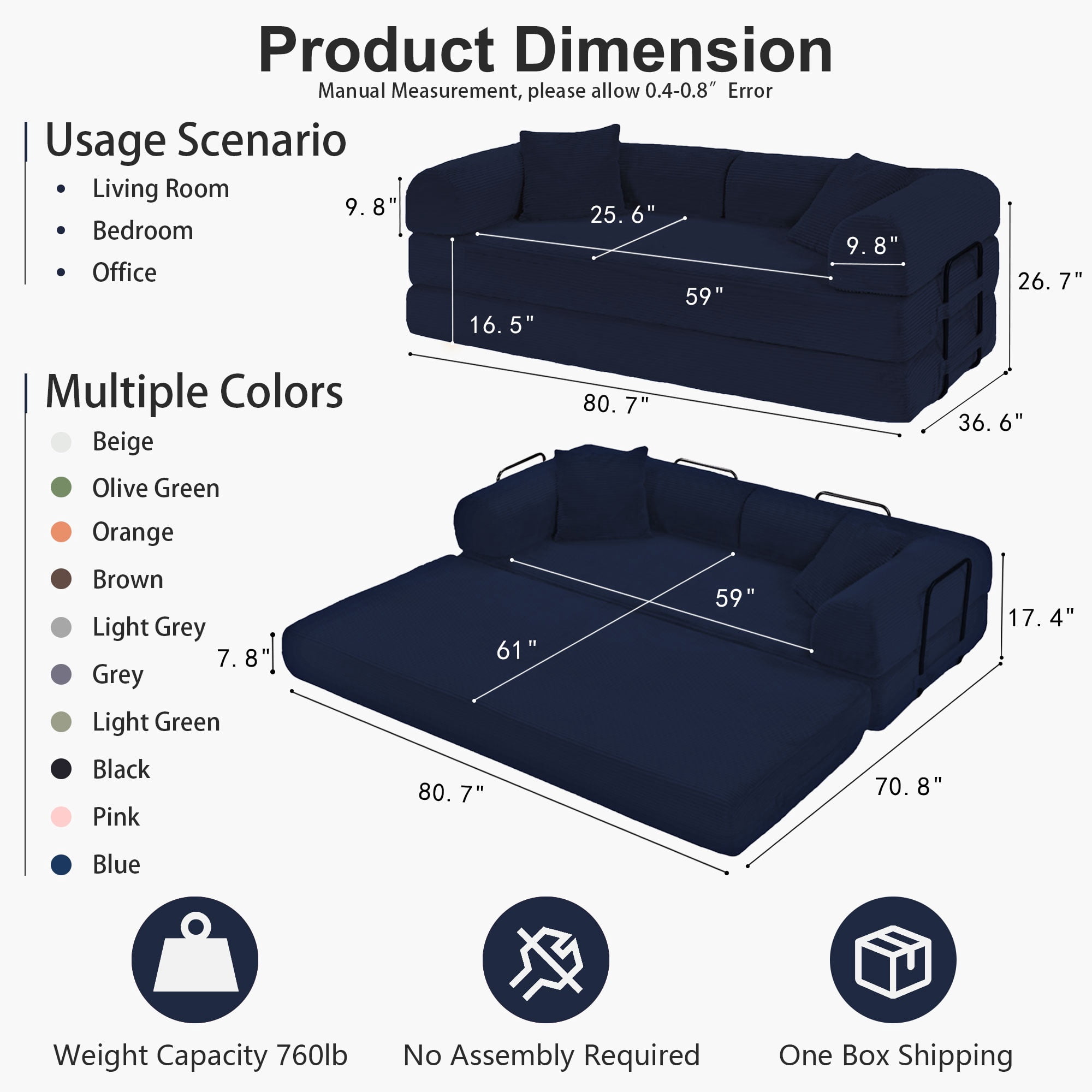 78" Convertible Sleeper Sofa Bed, Holaki Compression Folding Sofa with Pillow & 3 Seat, Corduroy Folding Sofa Couch with Fixed-Shape Frame, Floor Sofas Lounge Couch for Living Room Bedroom, Blue