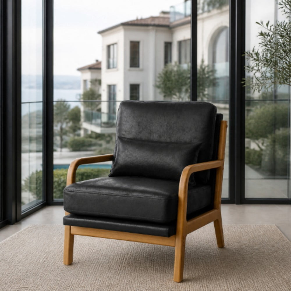Wooden Lounge Chair, Modern Upholstered Accent Chair with Solid Wood Armrests, High-Density Foam Cushion, Reclined Backrest for Living Room, Bedroom & Office, Black