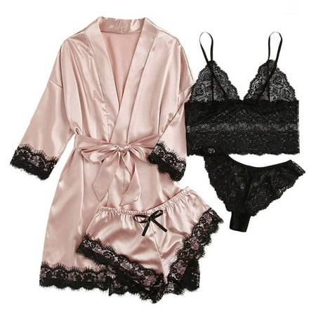Dezsed Women s Satin Pajama Set 4pcs Lace Trim Cami Lingerie Sleepwear with Robe Clearance Women Wireless Bra Camisole Shorts Pajamas Robe Four Piece Set PinkA S