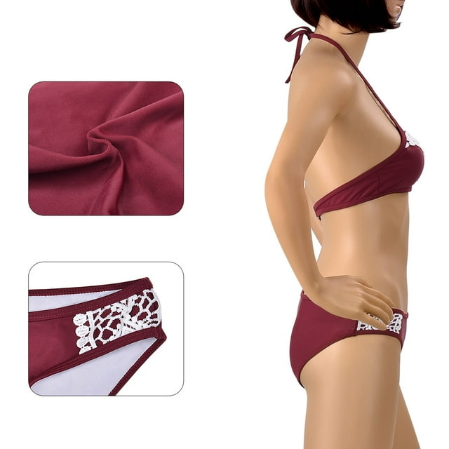 Fashion Women's Lace Splicing Halter Padding Tank Bikini Set, Wine