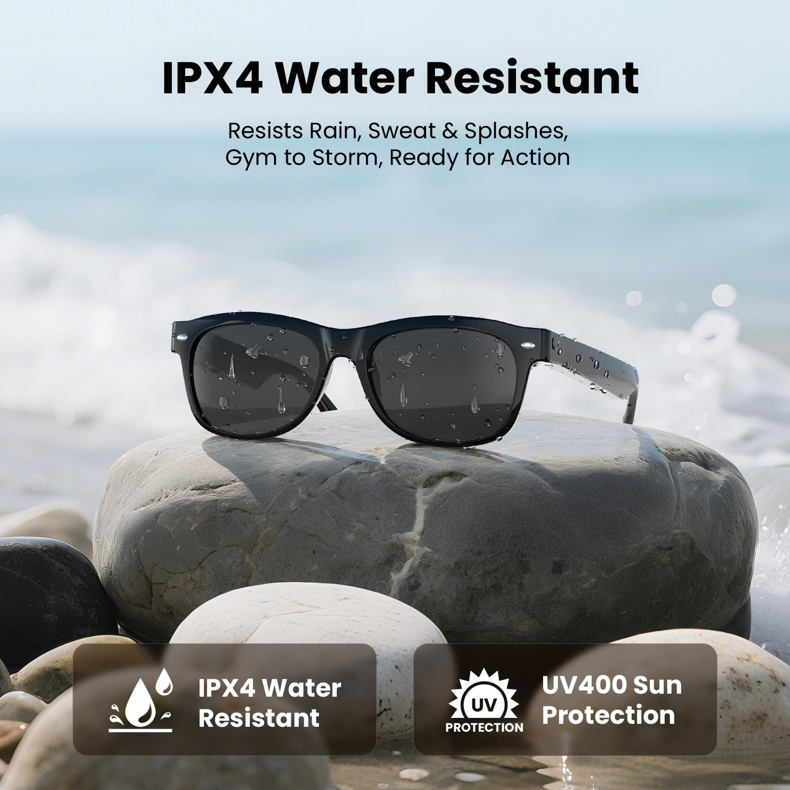 WeariQ Bluetooth Smart Glasses – Shiny Black Audio Sunglasses – Black Polarized Lenses, Open-Ear Speaker, 10-Hour Playtime, Hands-Free Calls, Voice AssistantHands-Free Calls & Music