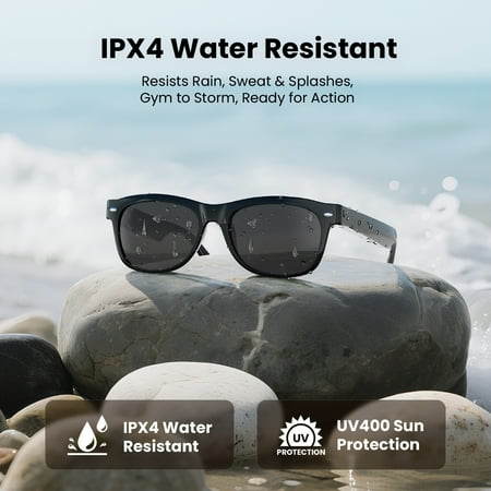 WeariQ Bluetooth Smart Glasses – Shiny Black Audio Sunglasses – Black Polarized Lenses, Open-Ear Speaker, 10-Hour Playtime, Hands-Free Calls, Voice AssistantHands-Free Calls & Music